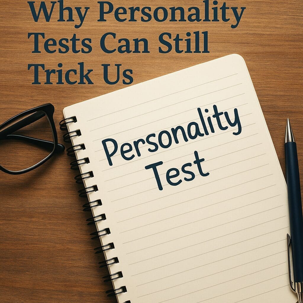 A spiral notebook on a wooden desk with the words “Personality Test” written on the page, placed beside a pair of glasses and a pen. The blog title “Why Personality Tests Can Still Trick Us” appears above the notebook.